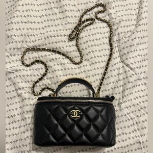 Chanel Pick Me Up Logo Handle Vanity Case with Chain Quilted Caviar Small Black